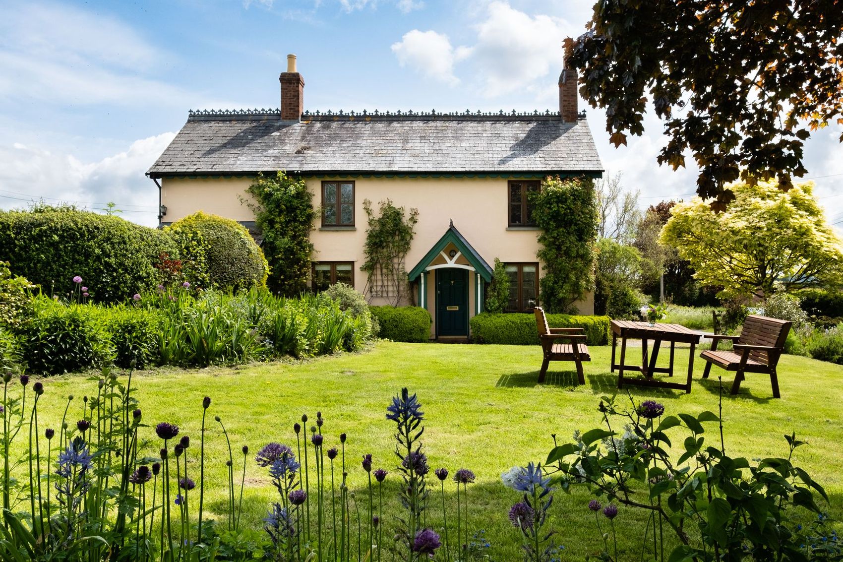 A house and long garden in summer sunshine