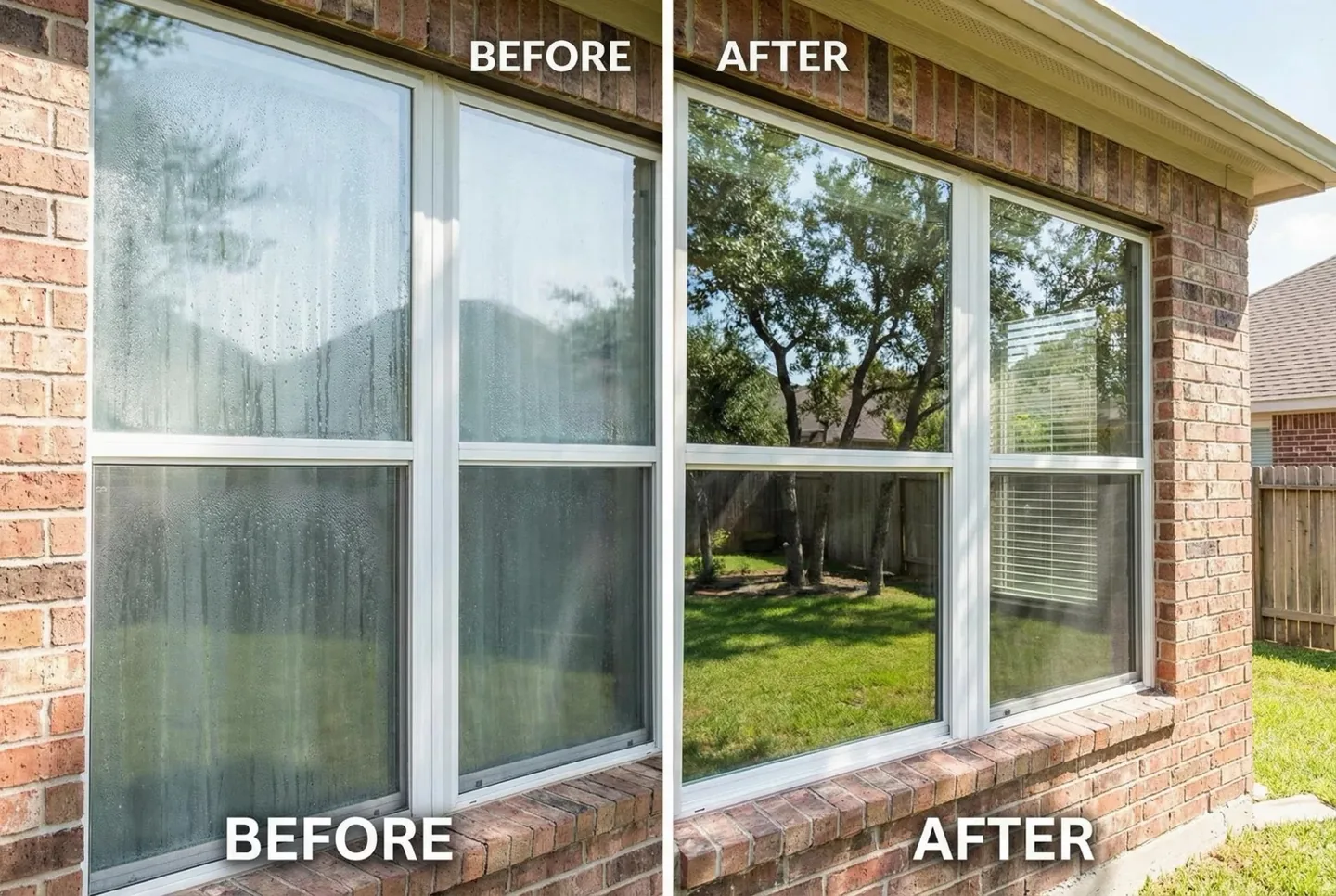 Illustrative before-and-after comparison of misted and clear glazing